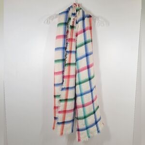 Talbots 100% Wool White Blue Pink Green Plaid Scarf Wrap Shawl 25"X 72”